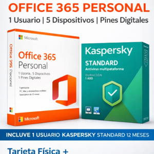 MICROSOFT OFFICE 365 PERSONAL 1 USUARIO 5 DISPOSITIVOS ESD + KASPERSKY 1 USUARIO .STANDARD 12 MESES . PINES DIGITALES - TARJETA FISICA + IVA INCLUIDO