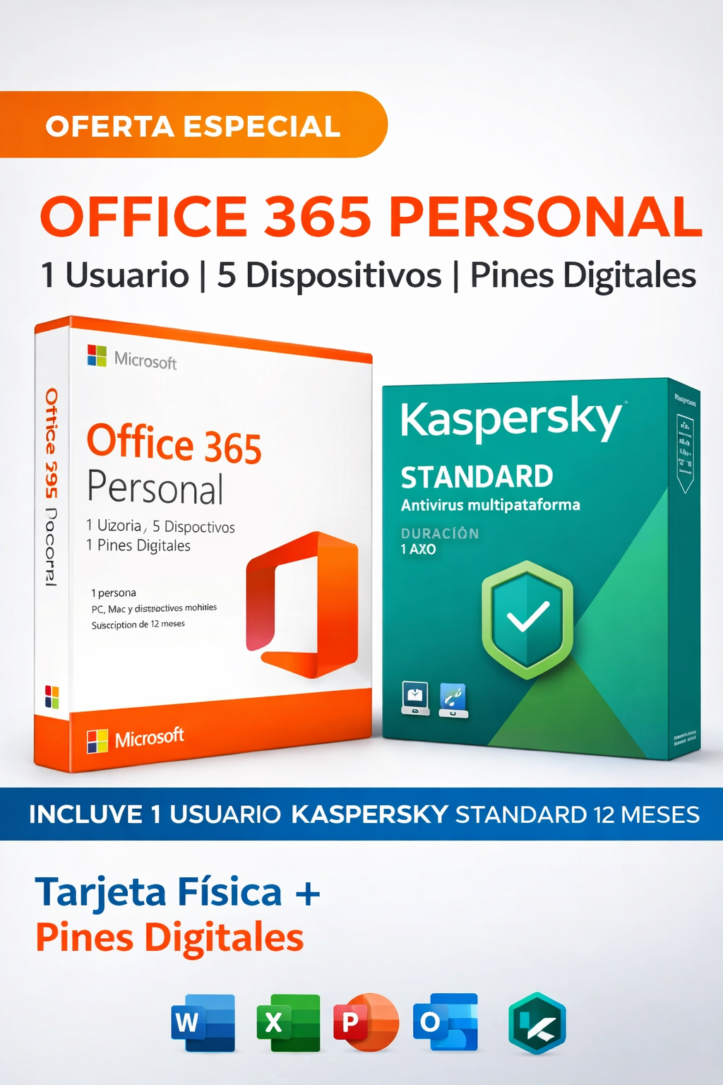 MICROSOFT OFFICE 365 PERSONAL 1 USUARIO 5 DISPOSITIVOS ESD + KASPERSKY 1 USUARIO .STANDARD 12 MESES . PINES DIGITALES - TARJETA FISICA + IVA INCLUIDO