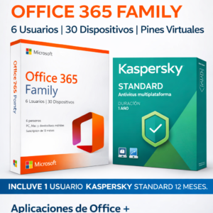 MICROSOFT OFFICE 365 FAMILY  6 USUARIOS 30 DISPOSITIVOS ESD + KASPERSKY 1 USUARIO - STANDARD 12 MESES - PINES VIRTUALES + IVA INCLUIDO