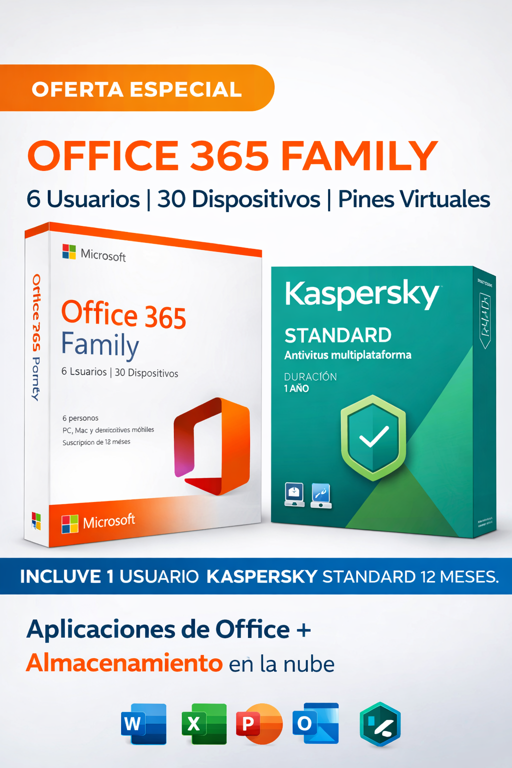 MICROSOFT OFFICE 365 FAMILY 6 USUARIOS 30 DISPOSITIVOS ESD + KASPERSKY 1 USUARIO - STANDARD 12 MESES - PINES VIRTUALES + IVA INCLUIDO
