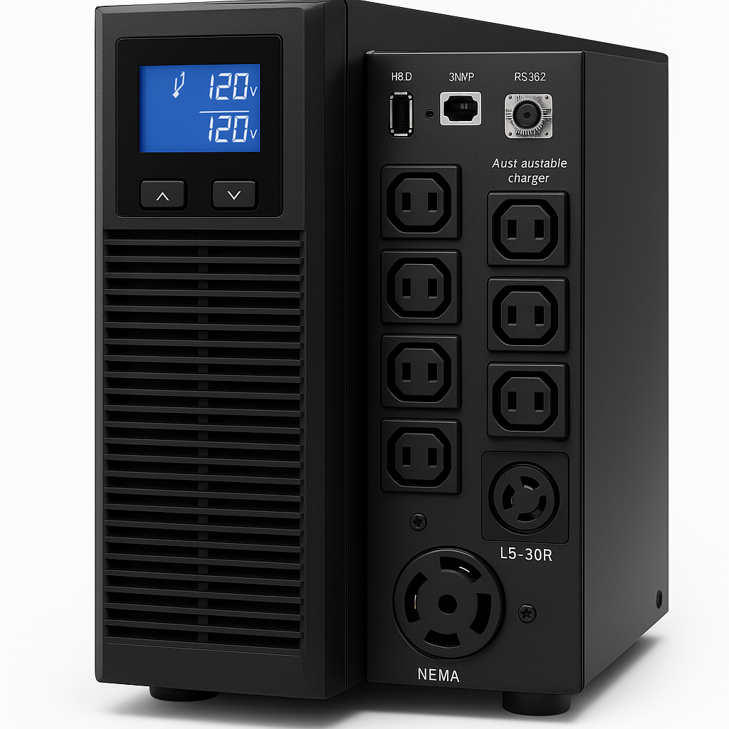 3KVA /3KW UPS torre, con 6 bat 12v9AH ,120V 60HZ/ 8 tomas L5-20R + socket L5-30R. LCD; HID USB, SNMP slot , RS232. cargador ajustable 1- 12 amp. TOMA DE ENTRADA NEMA L5-30P - Imagen 3